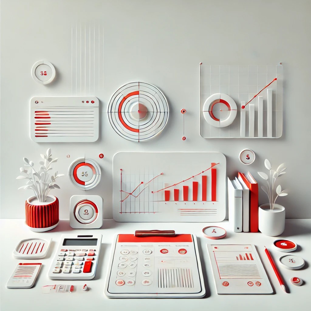 DALL·E 2024-12-04 14.37.17 - A clean and modern illustration for an accounting firm's website in a predominantly white and red color scheme. The design features a minimalist desk